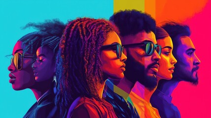 Obraz premium Abstract illustration of diverse people's profiles in vibrant colors.
