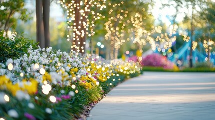 Illuminated park path, flowers, playground background; perfect for travel brochures