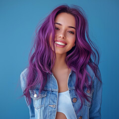 Vibrant portrait of a young woman with purple hair urban setting lifestyle photography bright colors close-up self-expression