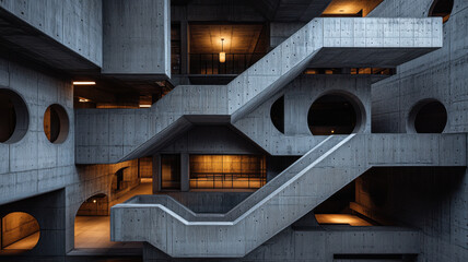 Minimalist concrete office with bold cutouts, showcasing spacious open-air courtyards