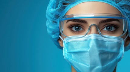 A focused portrait of a healthcare worker wearing a mask, goggles, and a cap, highlighting their dedication and professionalism in a clinical environment.