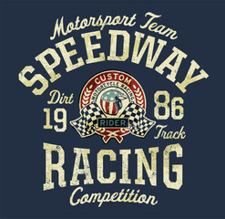 Speedway motorsport dirt track team racing competition vintage vector print for boy kid shirt sweatshirt grunge effect in separate layers