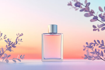 Mockup perfume bottle on gradient sunrise sky background, transparent glass packaging, product photography template