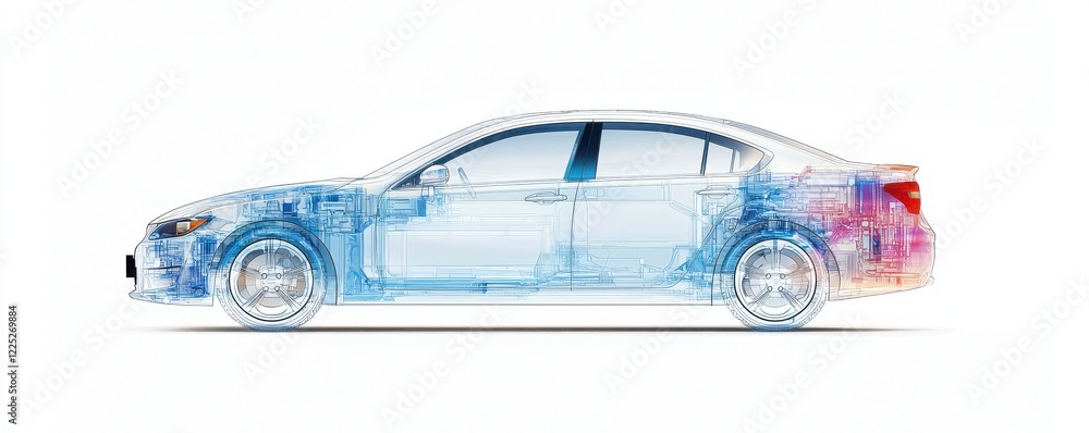 Poster a translucent illustration of a car, showcasing its internal components and design features in a mod