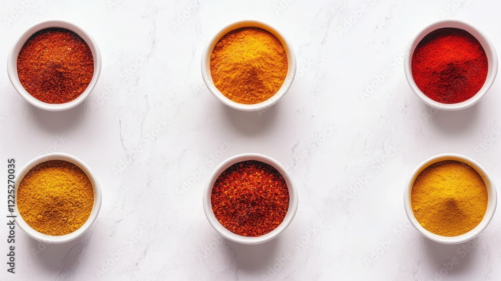 Poster Vibrant Array of Colorful Spices in Bowls on Marble Surface for Culinary Themes