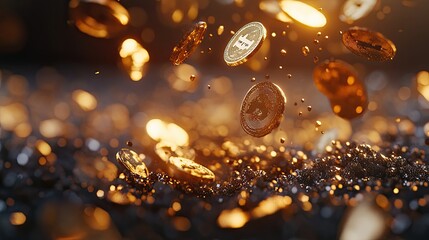 A dynamic scene featuring golden coins falling through the air,