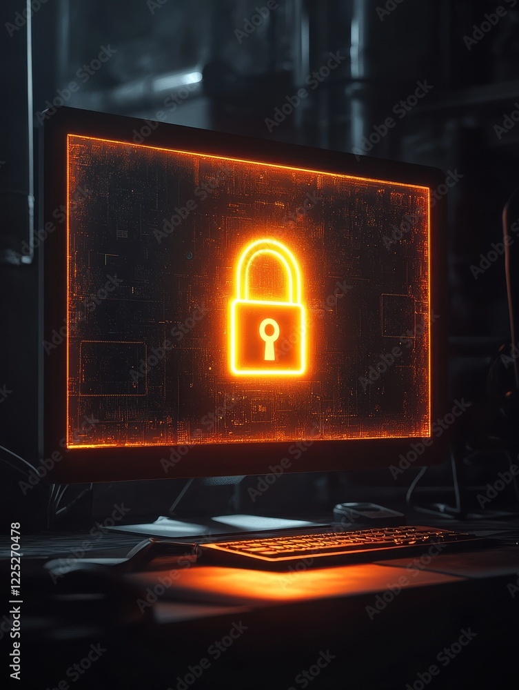 Poster a dark and mysterious computer screen with a glowing padlock icon in the center.