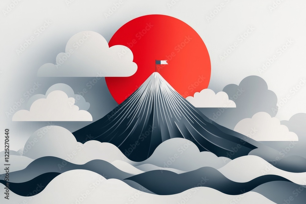 Poster A flat design of a mountain peak with a small flag at the top, surrounded by abstract clouds and a soft blue gradient