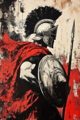 Spartan warrior in armor with shield and spear, illustrating ancient battle techniques and heroic themes in art, with a dramatic red and black color palette.