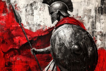 Spartan warrior in armor holding spear and shield, walking through dramatic red backdrop. Historical art representation of ancient military culture and strength.