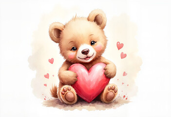 Adorable bear cub holding a large red heart with love in a warm, soft atmosphere, copy space