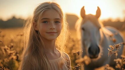 Naklejka premium A young girl stands in a golden meadow at sunset, smiling softly while a white horse gently grazes nearby among tall wildflowers creating a peaceful atmosphere.