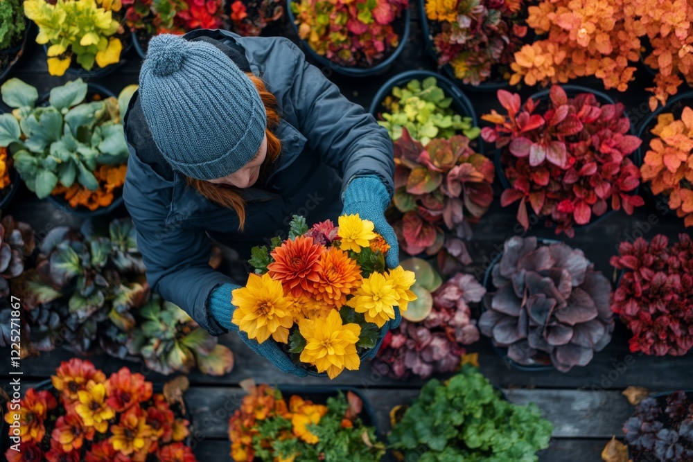 Poster A gardener arranging colorful plants in a pattern, showing the creative and applicable use of design in landscaping
