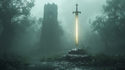Naklejka premium A mystical sword standing upright surrounded by dense fog near an ancient, crumbling tower, emitting a soft golden glow