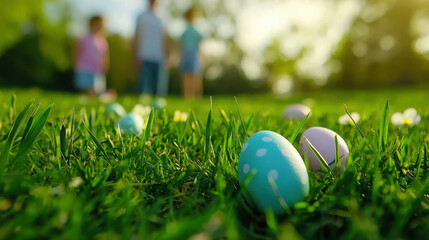 Naklejka premium Colorful Easter Egg Hunt in Lush Green Park with Happy Children in Background