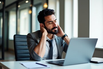 A Focused Young Professional Struggling with Stress at a Modern Workspace: Balancing Work Demands and Mental Well-being in a Bright Office Environment