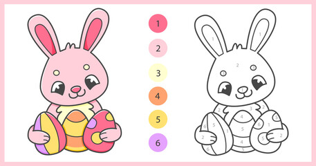 Color by numbers coloring book for kids with cute pink rabbit with Easter eggs. Coloring page with cartoon bunny.