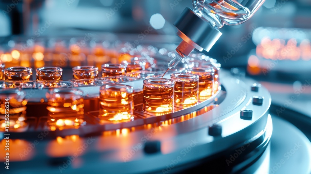 Poster close up view of a microscope examining substances in laboratory glassware during a scientific exper