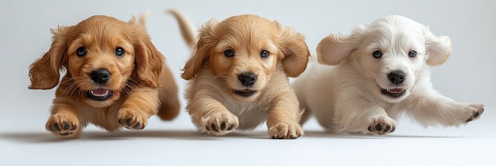 Obraz premium Three cute puppies running towards the camera on white background