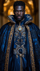 Naklejka premium Man with regal posture in a sapphire velvet cape, surrounded by royal opulence