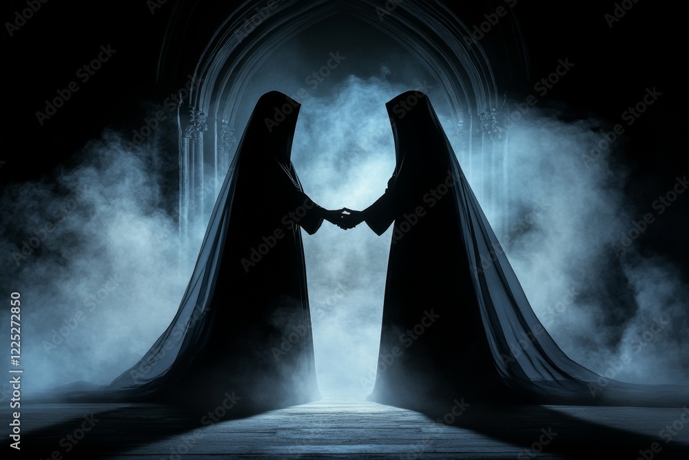 Poster A gothic depiction of two shadowy figures clasping hands in a dark cathedral, their association symbolized by faint glowing threads connecting them amidst the dim setting