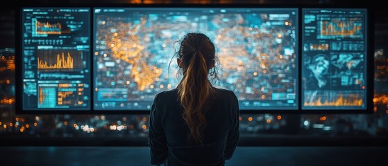 A Young Adult Woman Analyzing Data on Multi-Screen Setup in Control Room Environment