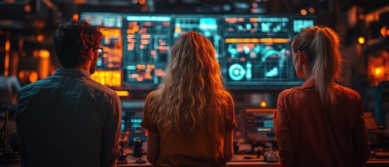 A Young Adult People Team Analyzing Technology Screen in a Futuristic Control Room Setting