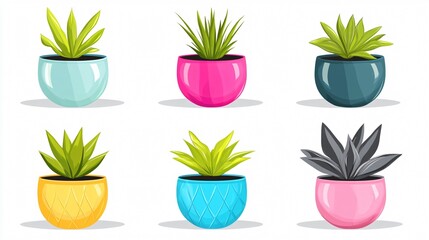 Vibrant Hand-drawn Style Illustration of Six Houseplants in Colorful Pots