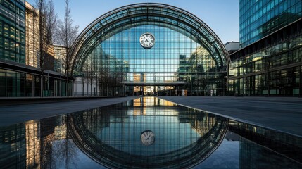 A modern architectural detail featuring a series of curved glass facades against a clear blue sky.