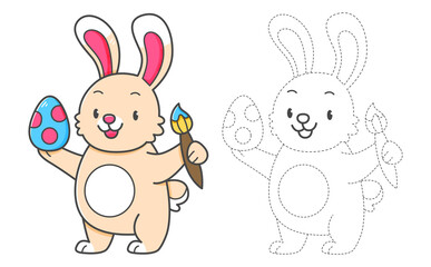 Trace and color coloring book with rabbit with Easter egg for kids. Coloring page with cartoon bunny