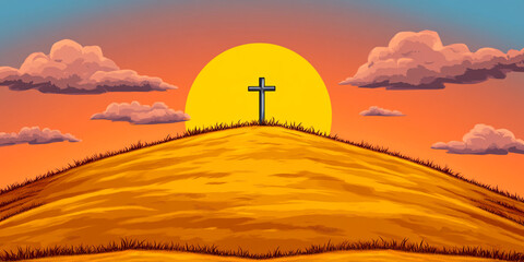 Obraz premium Sunrise Over Hill with Golden Cross - Ideal for Religious Serenity and Inspirational Backgrounds