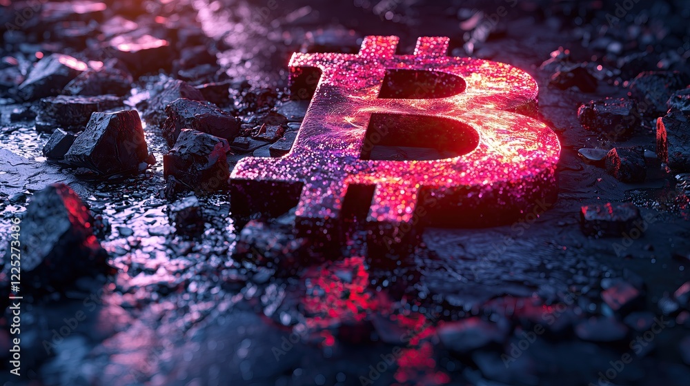 Poster glowing cryptocurrency symbol embedded in dark rocky terrain digital asset forged in digital realm