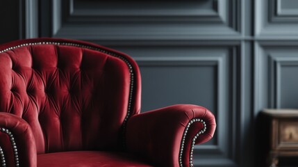 Close-up of a red, velvet armchair standing in a blurred interior of a dark living room with wooden furniture and molding on the gray walls. Real photo