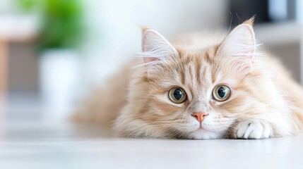 Obraz premium Fluffy Cream Cat Resting Indoors, Home Background