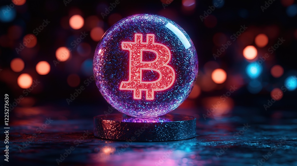 Poster glowing Bitcoin symbol encased in crystal sphere illuminated against bokeh backdrop