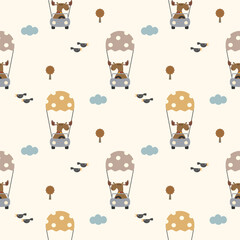 Deer in car play parachute cartoon so cute. On cloud bird tree background. Pattern seamless vector illustration. 
