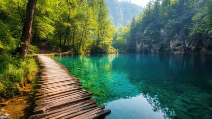 Obraz premium A wooden walkway winds through a lush, green forest beside a tranquil, turquoise lake.
