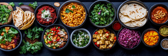 Fototapeta premium Aromatic Culinary Delights: Diverse Dishes in Bowls, Top View