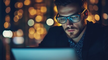 Close up view of focused businessman wears computer glasses for reducing eye strain blurred vision looking at pc screen with computer reflection using internet, reading, watching, working online late