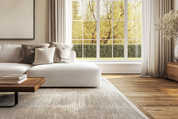 Modern living room with bright natural light and cozy furniture in a serene setting