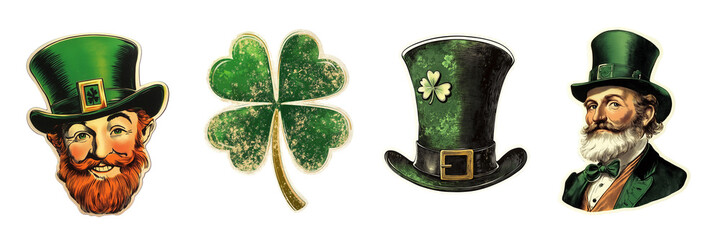 Collection set of vintage St Patrick's day stickers illustration, irish man with green top hats and shamrocks, isolated on white or transparent background, png