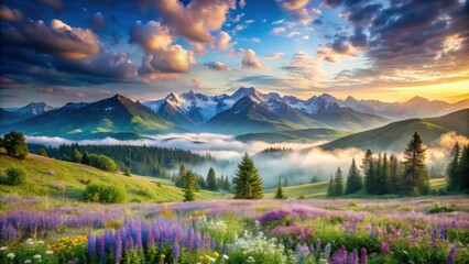 Serene Sunrise Over Majestic Mountain Range and Blooming Meadow