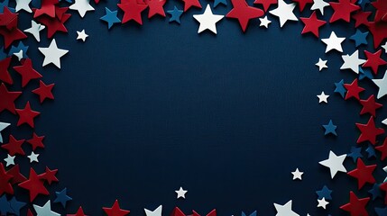 A dark blue textured background featuring scattered decorative stars in red and navy blue.