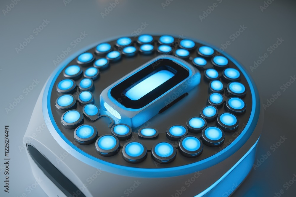 Poster futuristic device with illuminated circular buttons