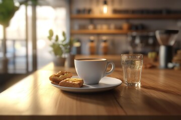 A trendy coffee shop interior with a beautifully presented cup of black coffee on a sleek wooden table. The cup is accompanied by a small glass of sparkling water and a minimalist plate of biscotti.