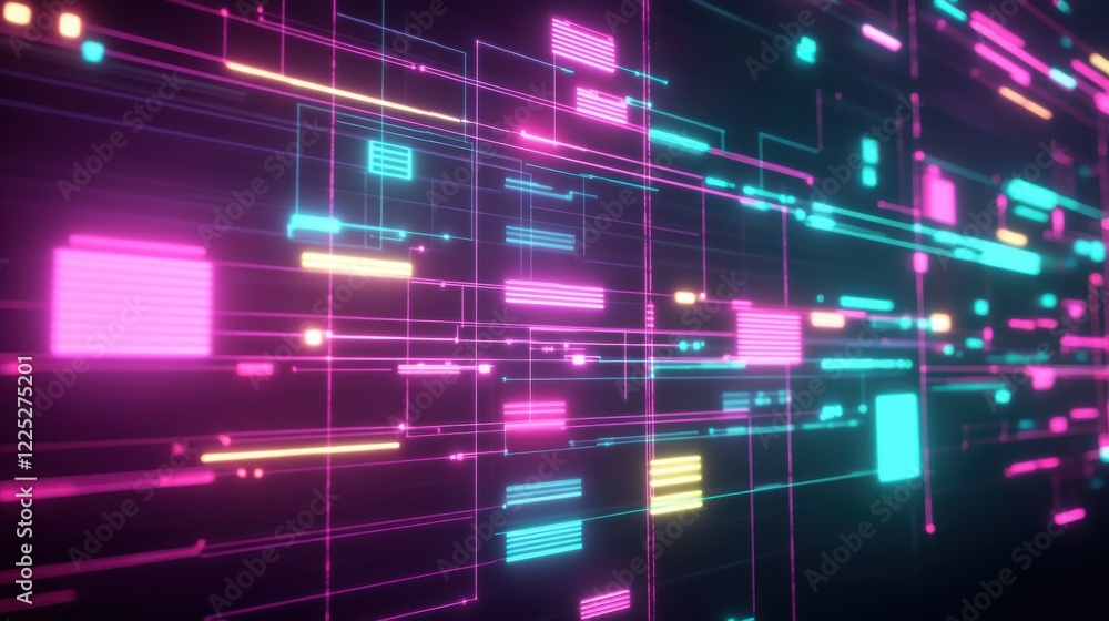 Poster a glowing neon outline of a digital kanban board with organized tasks and columns against a dark bac