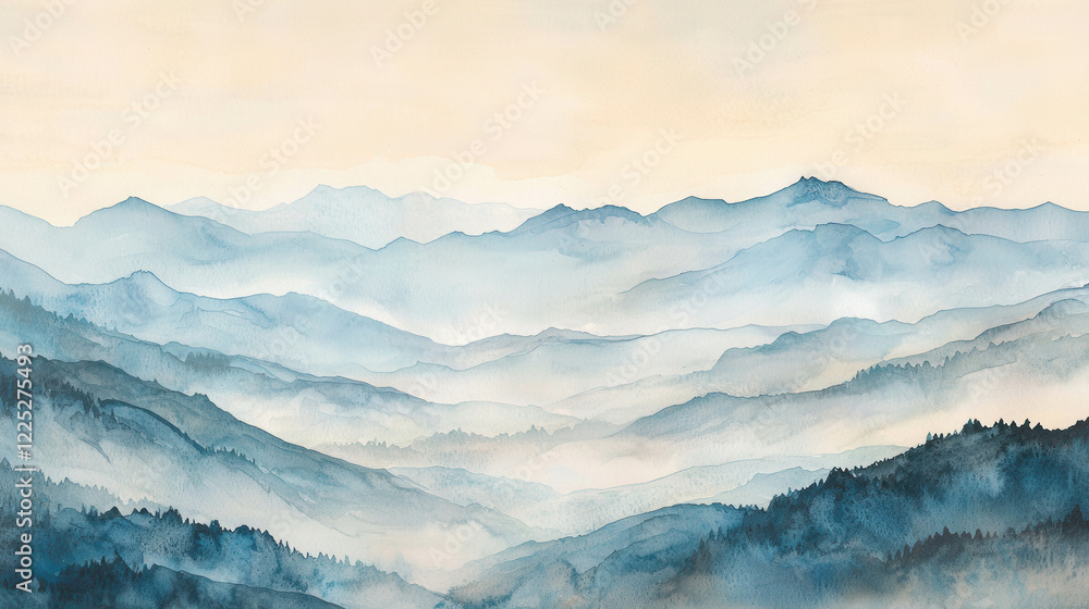 Poster expansive view of mountain range shrouded in mist and soft clouds at dawn or dusk
