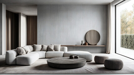 Obraz premium Interior Living Room Wall Mockup - 3d Rendering, 3d Illustration.Minimalist living room design with modular sofa and unique lighting. 3d rendering. 3D Illustration 