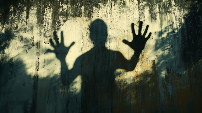 A chilling shadow depicts a figure pressing against a weathered wall. Depicting tension and a dramatic atmosphere