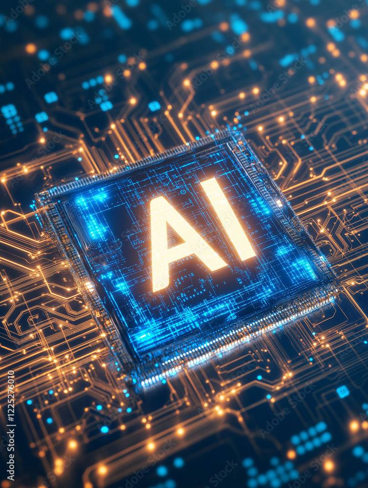 Poster ai microchip: ai technology represented by a glowing 